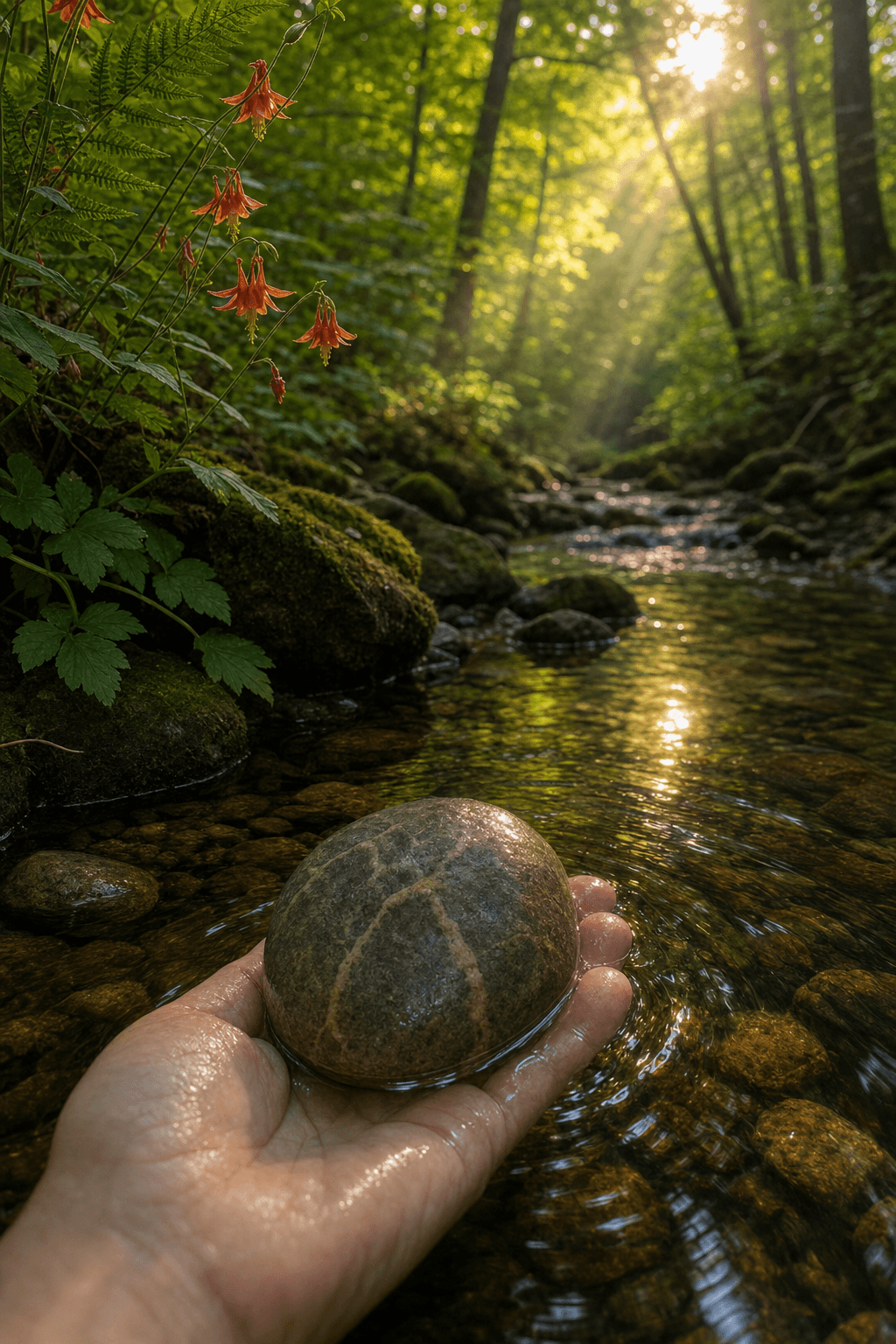 A smooth river stone held in still creek water, morning sunlight filtering through forest canopy — symbol of grounded presence and Manitou wisdom in the Mansfield Ohio landscape.