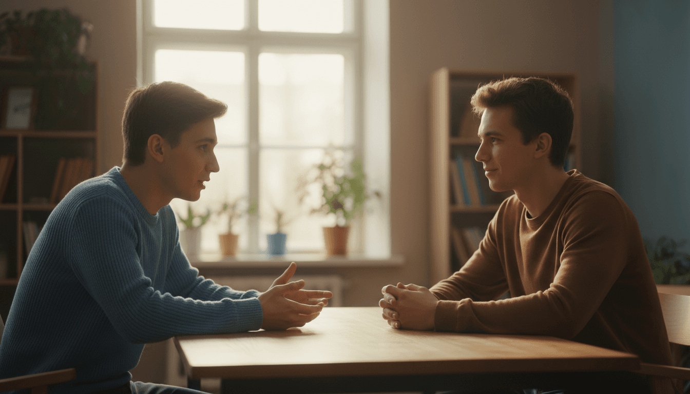 Two young men in a supportive conversation