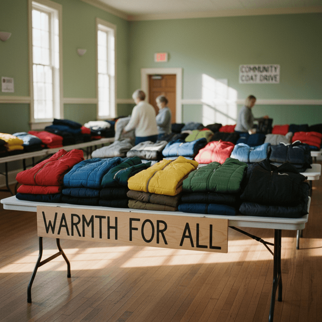 Community room set up with tables of winter coats for distribution