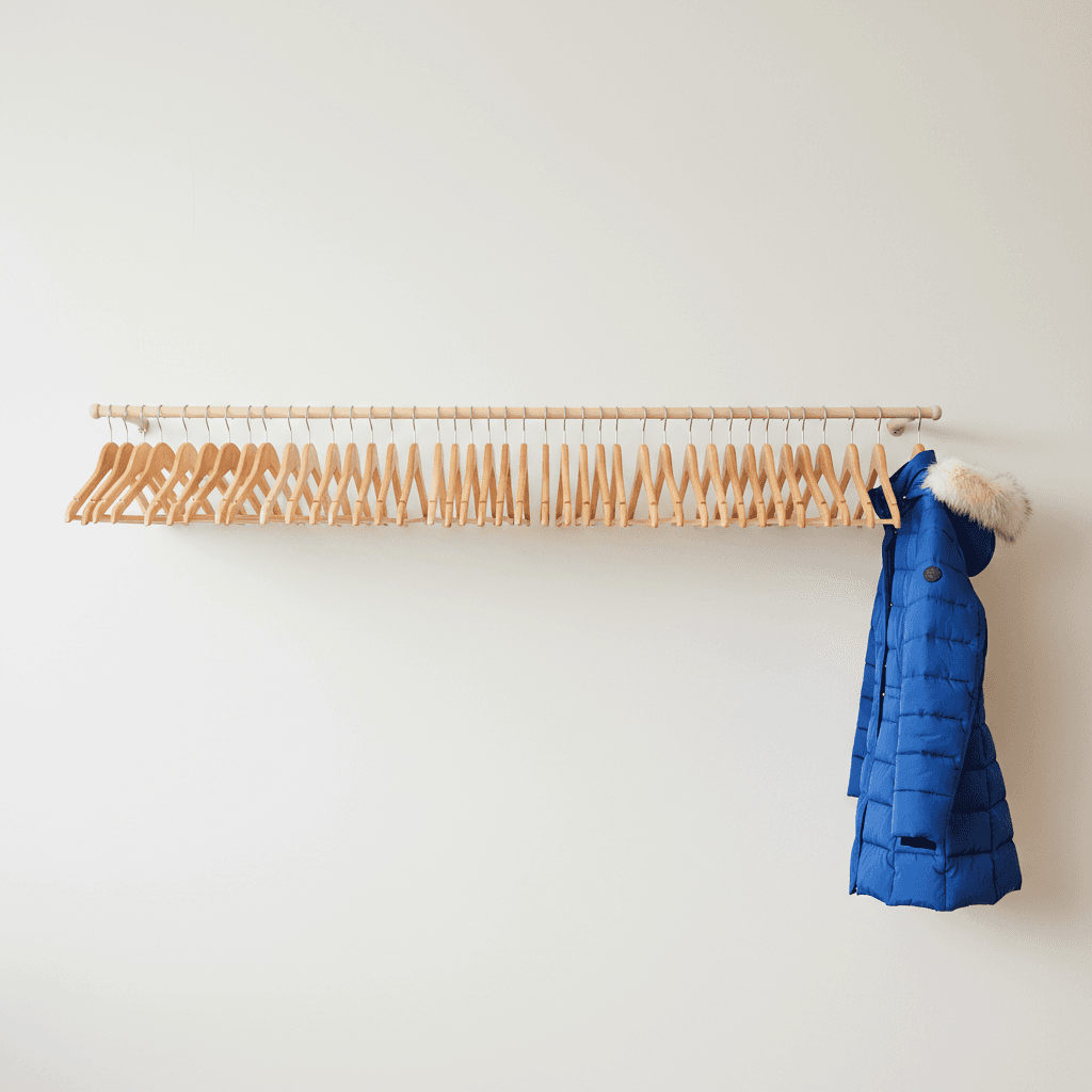 Row of empty hangers with one new coat hanging at the end