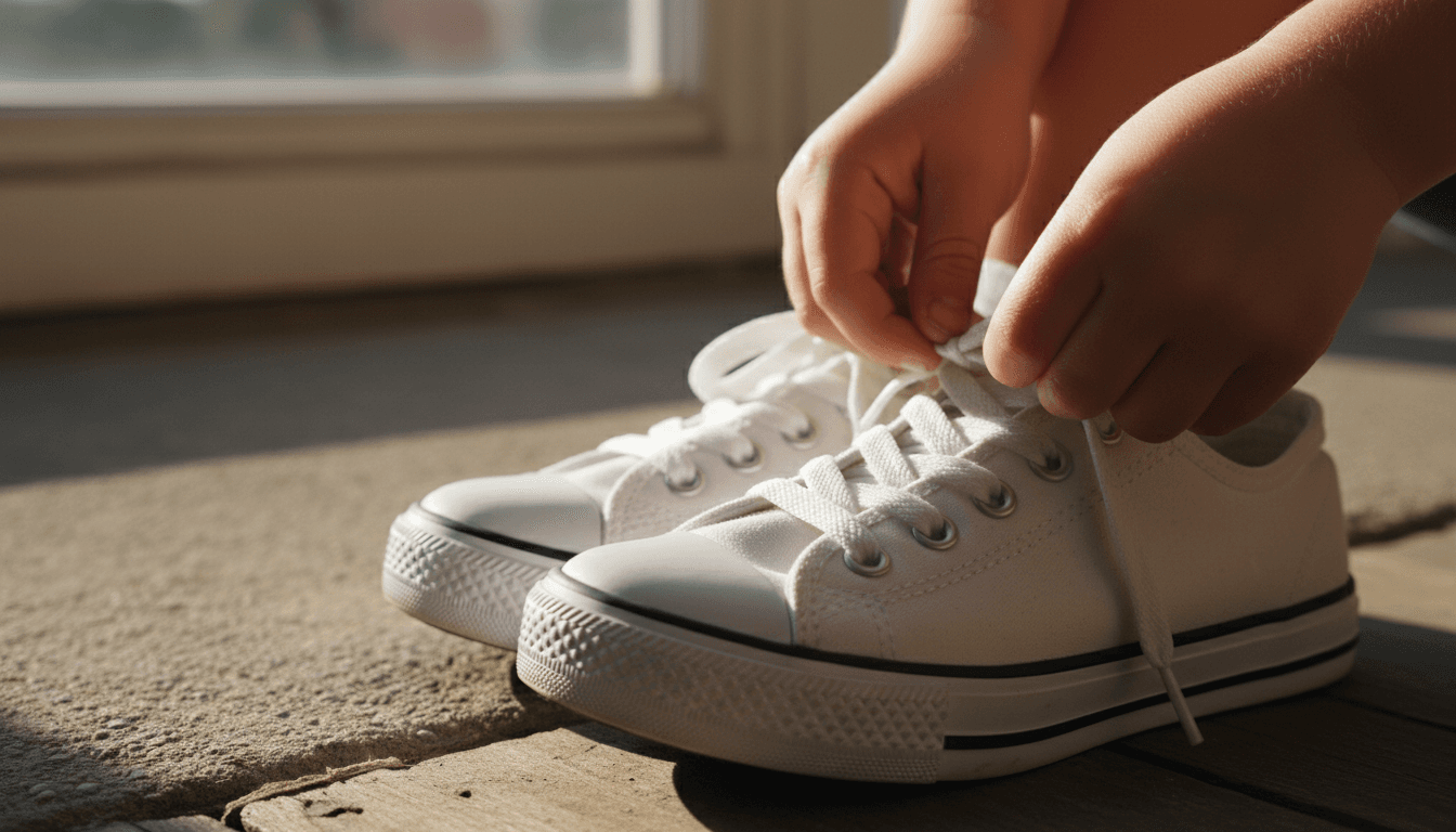 Child tying new sneakers
