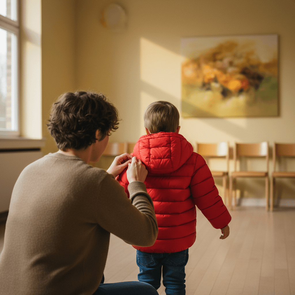 Parent helping a child try on a new winter coat