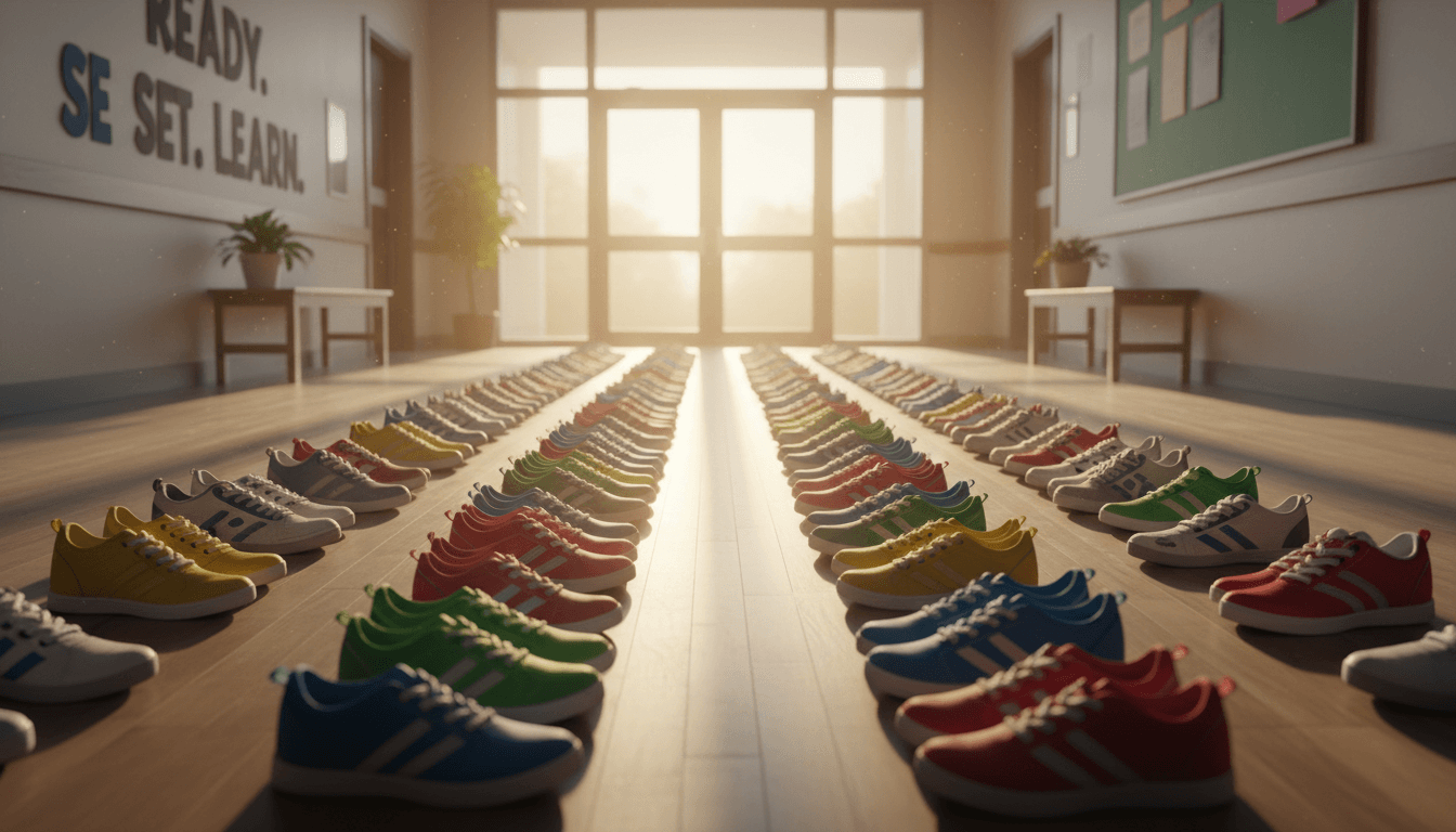 Row of shoes in school hallway