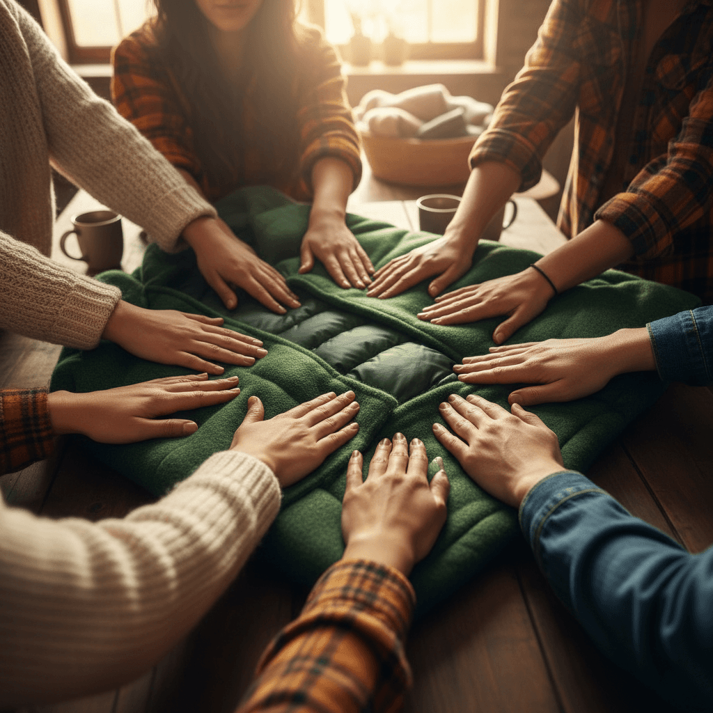 Volunteers' hands folding a winter coat together