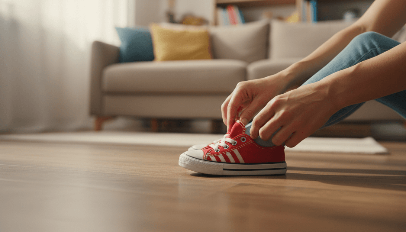 Volunteer fitting sneakers on child
