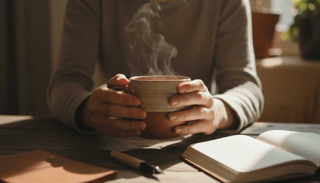 Young person holding a warm mug during a morning check-in