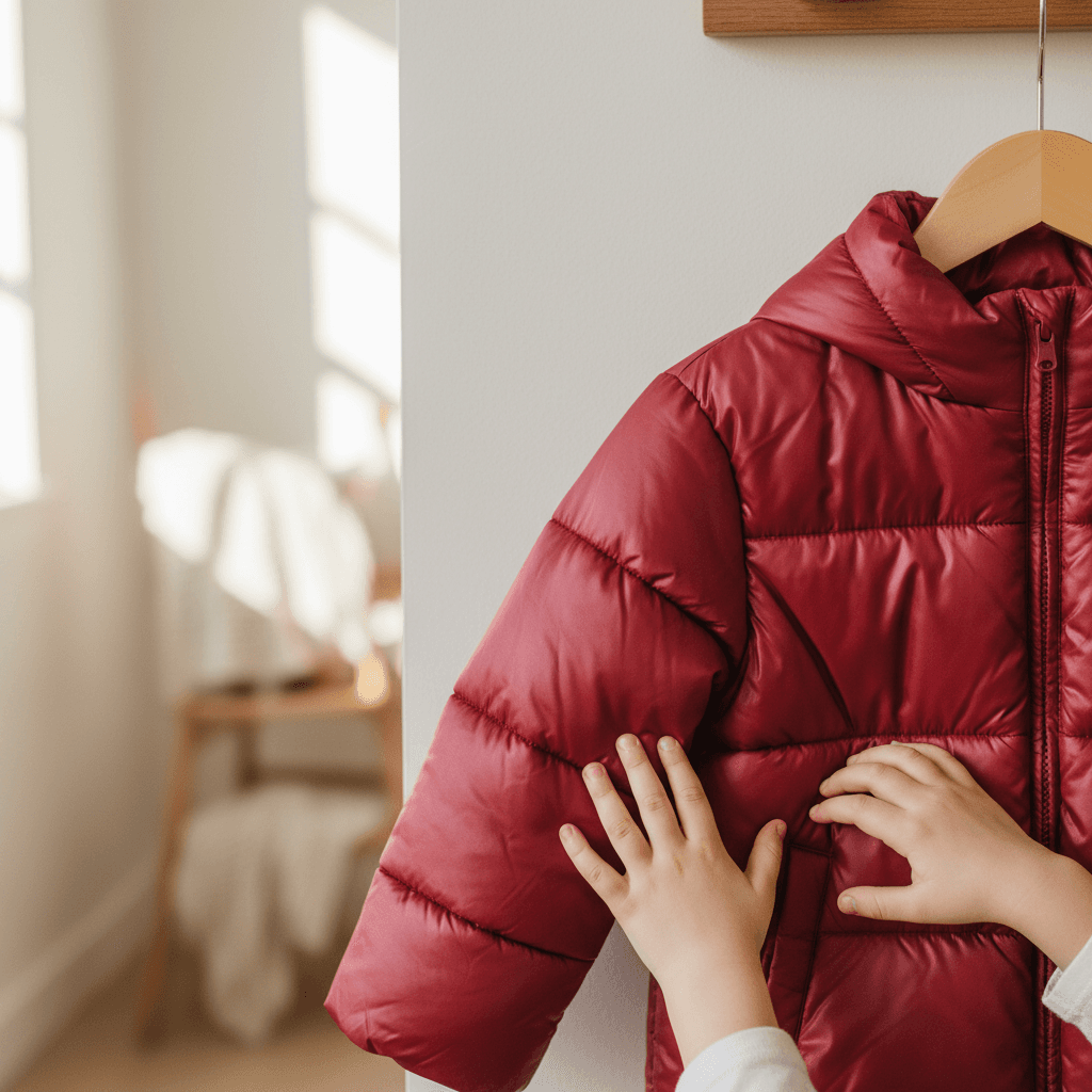Child touching the sleeve of a new red winter coat