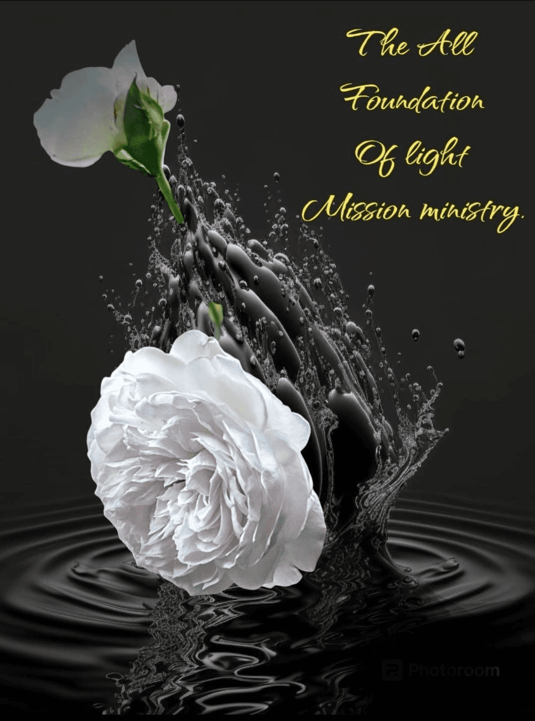 White roses in splashing black liquid with yellow text for The All Foundation Mission ministry.