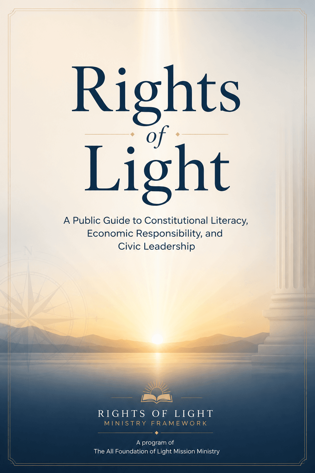 Rights of Light book cover featuring a sunrise over water, mountains, and a classical column.