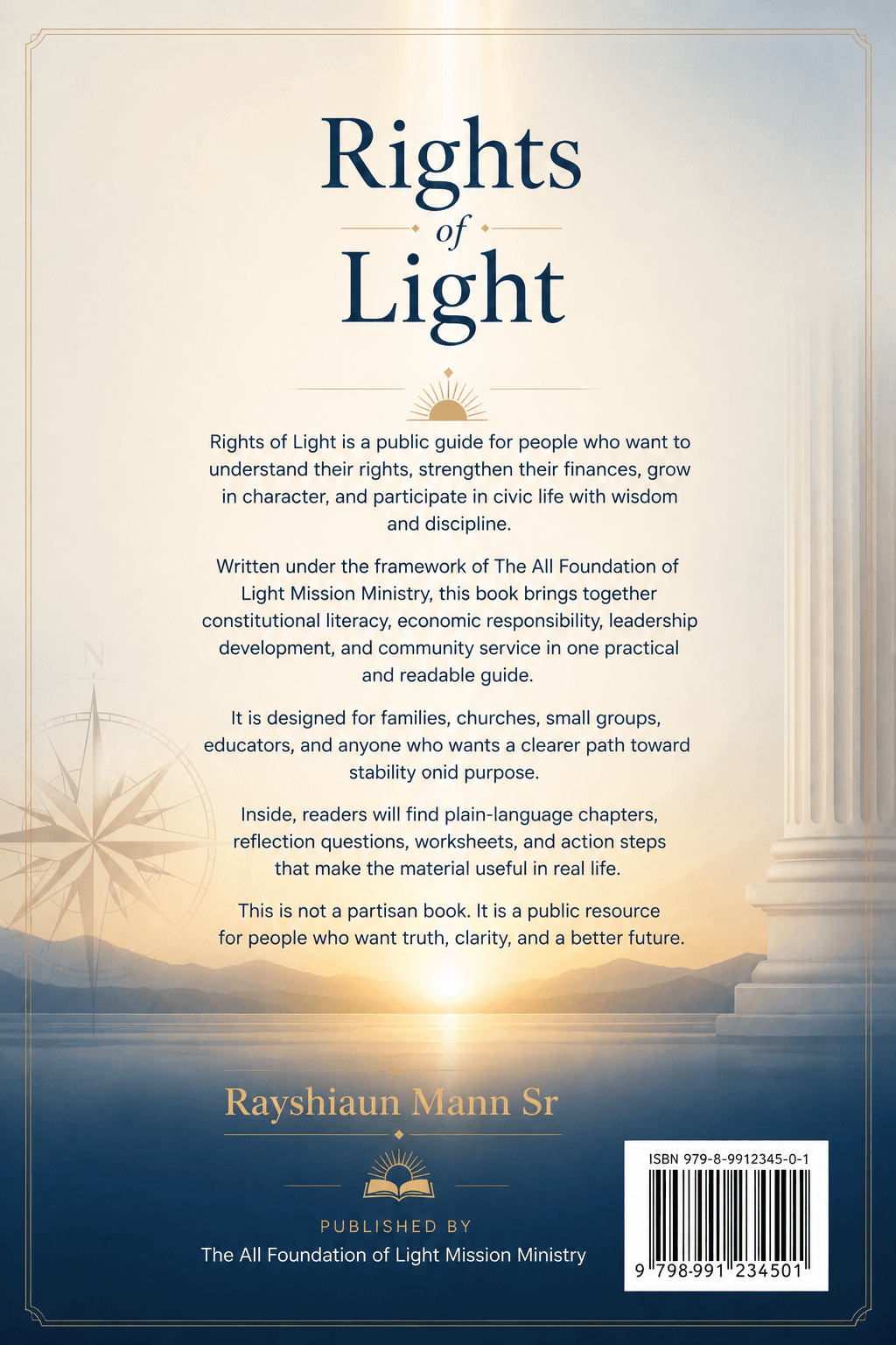 Back cover of Rights of Light by Rayshiaun Mann Sr featuring descriptive text and sunrise.
