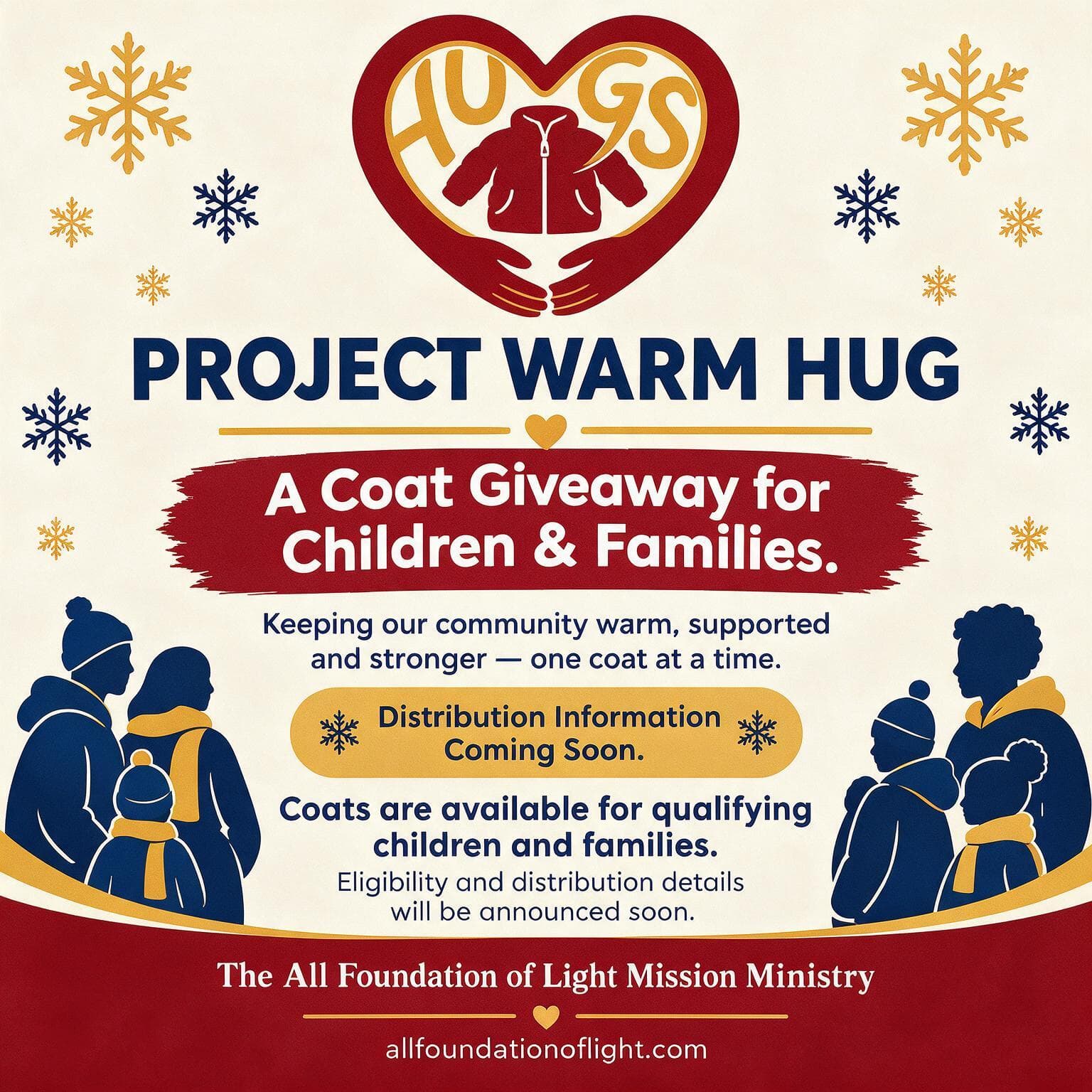 Project Warm Hug coat giveaway flyer for families, featuring winter silhouettes and snowflake decorations.