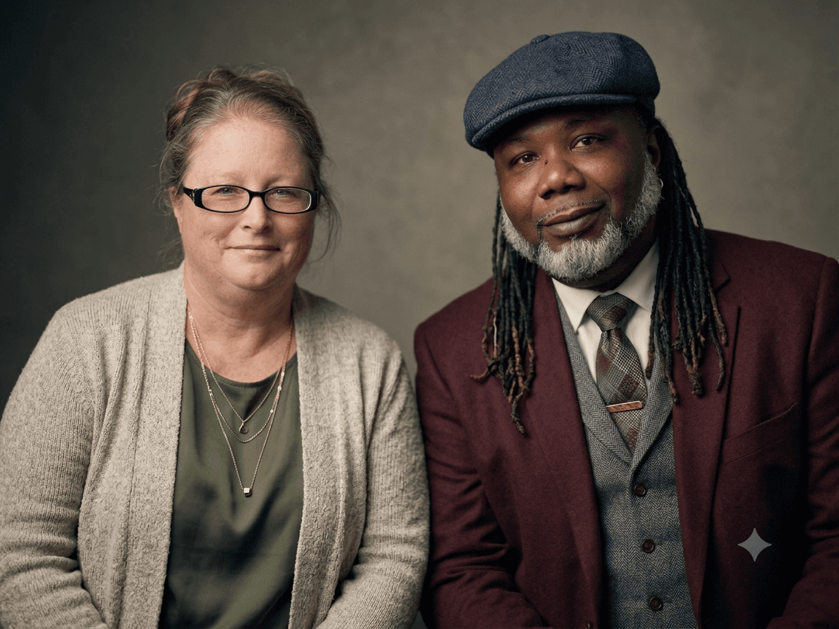 A woman with glasses and a man in a maroon blazer and blue flat cap.