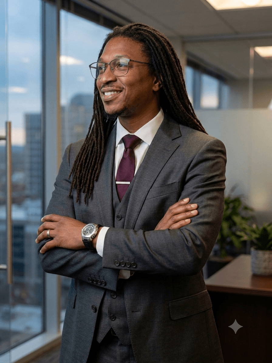 Smiling Black man with long dreadlocks wearing a grey three-piece suit in an office.