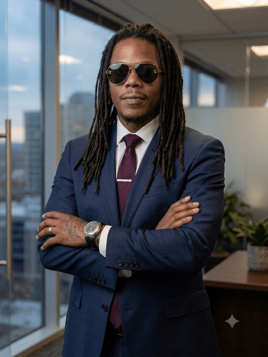 Man with dreadlocks in a navy suit and sunglasses, arms crossed in a modern office.