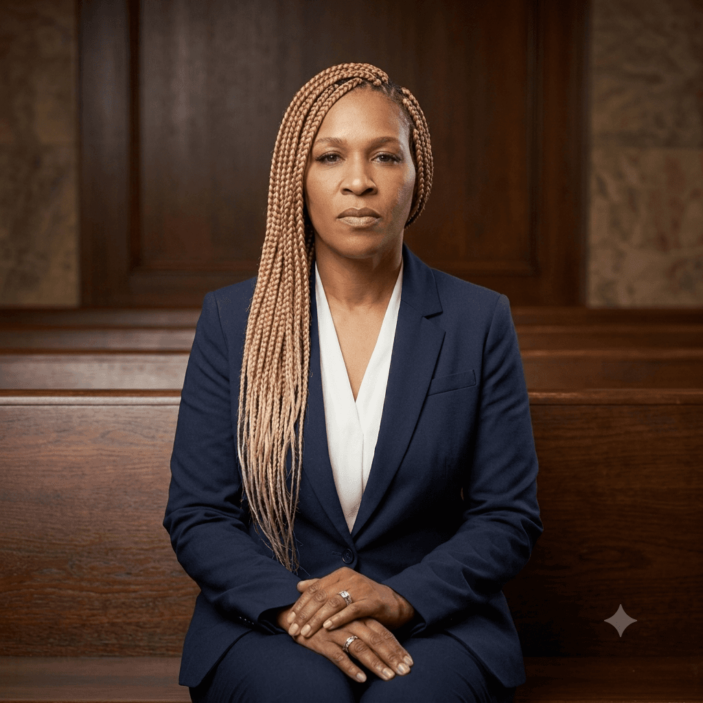 Serious Black woman with long blonde braids wearing a navy blazer in a courtroom.