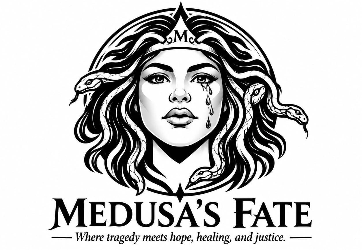 Black and white logo of a weeping Medusa with snake hair and text Medusa's Fate.