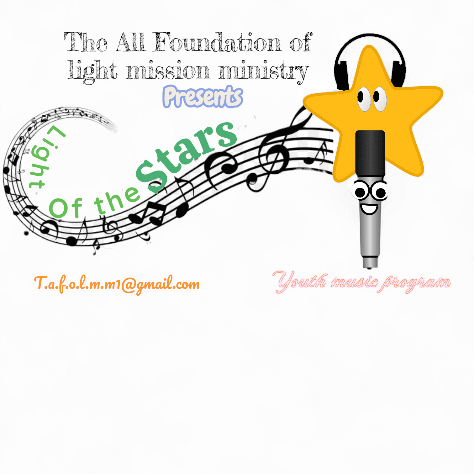 "Light Of the Stars" youth music program flyer featuring a cartoon star and musical notes.
