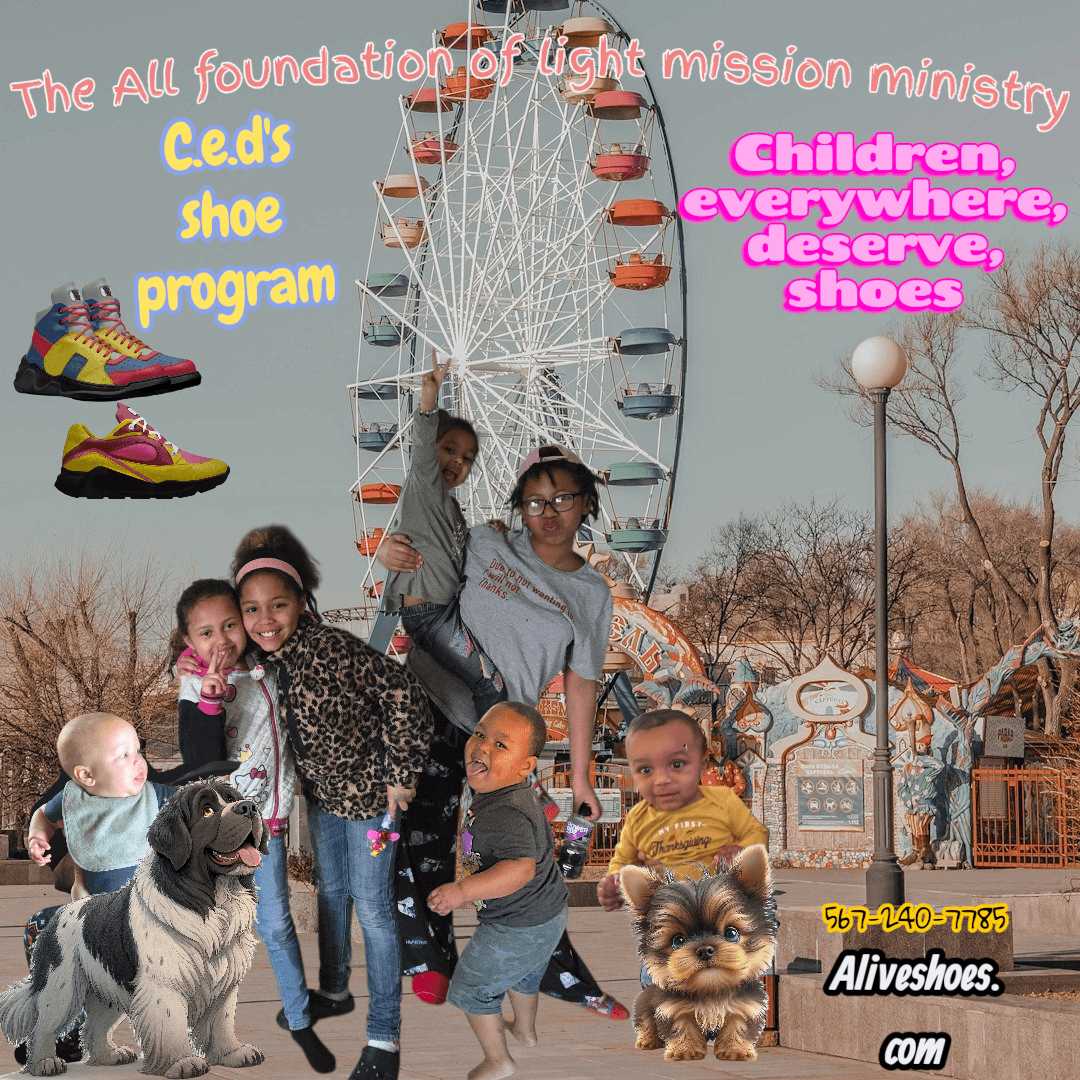 Promotional graphic for C.e.d's shoe program featuring children, dogs, and a large Ferris wheel.
