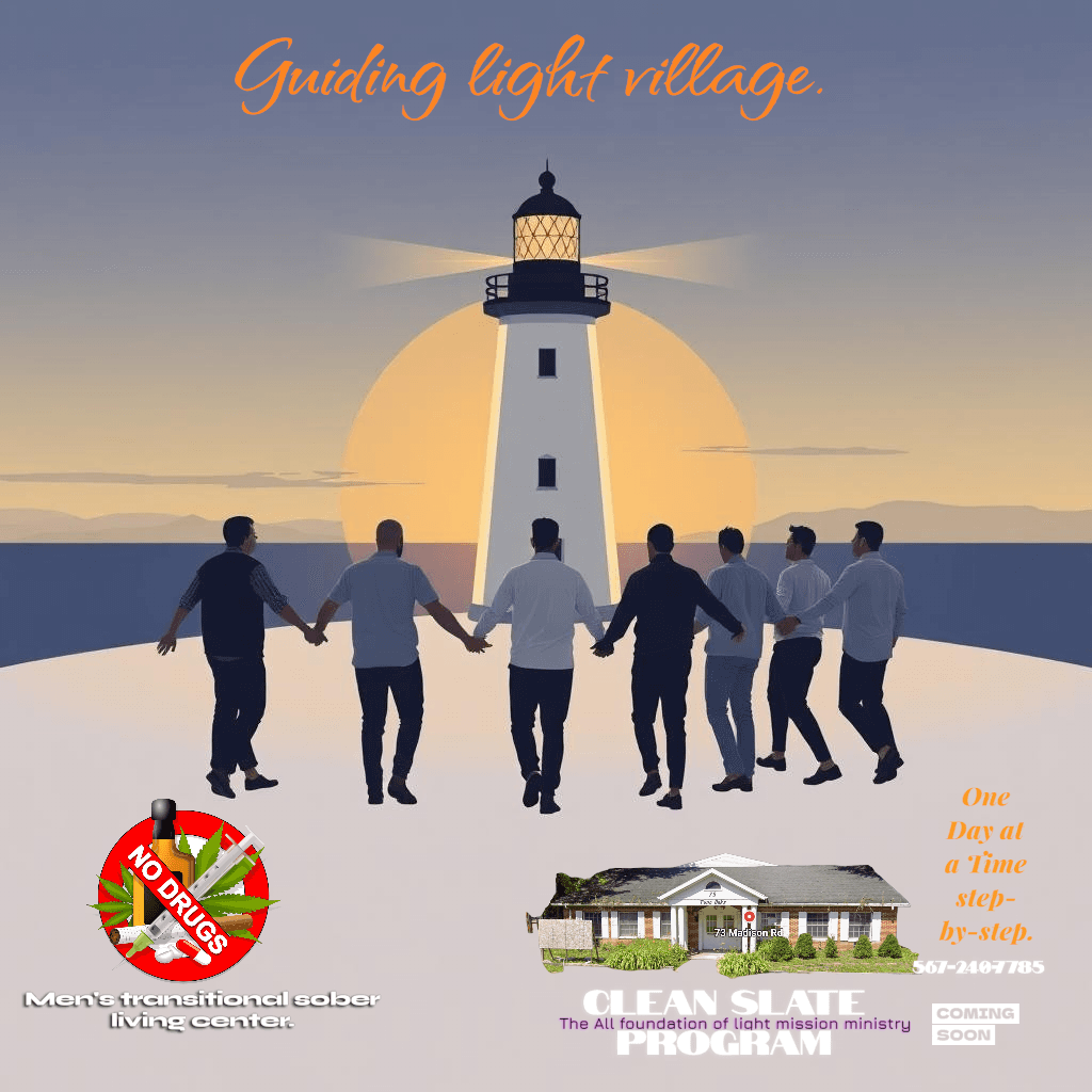 Seven men holding hands facing a lighthouse for Guiding Light Village sober living center.