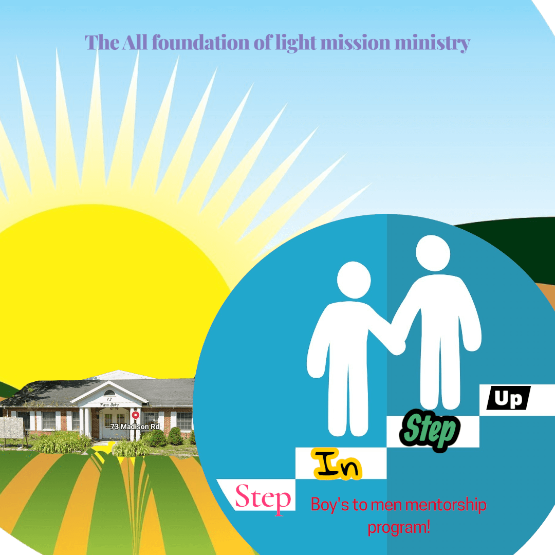 Boys to men mentorship program graphic with a sun, building, and figures climbing steps.